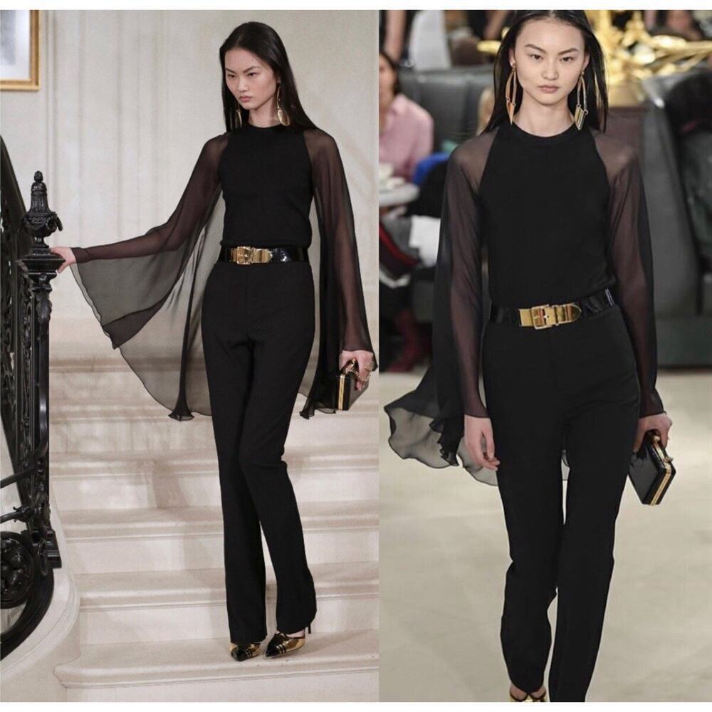 Ralph Lauren Collection Cape Crewneck Blouse Top Silk Jumper Runway Black M